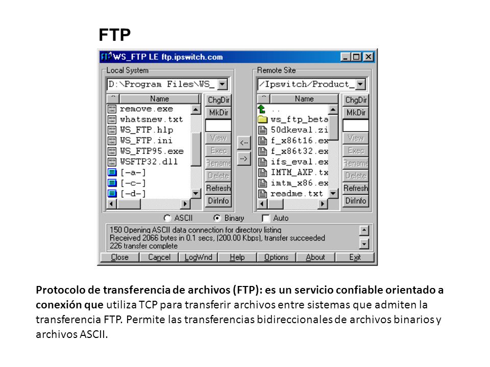 Protocolo de transferencia de archivos (FTP): es un servicio confiable orientado a conexión que utiliza TCP para transferir archivos entre sistemas que admiten la transferencia FTP.