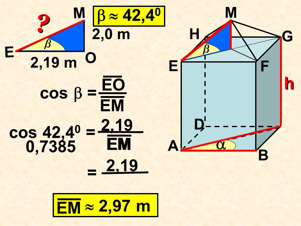   42,40 h EO cos  = EM 2,19 cos 42,40 = EM EM  0,7385 2,19 =