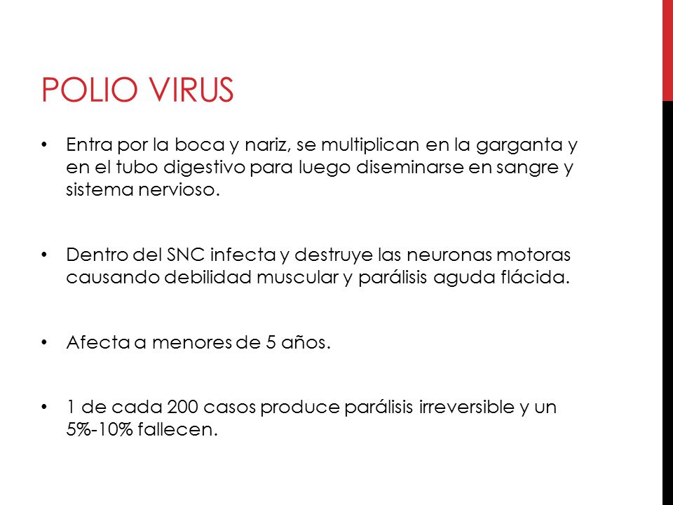 Polio virus Entra por la boca y nariz, se multiplican en la garganta y en el tubo digestivo para luego diseminarse en sangre y sistema nervioso.