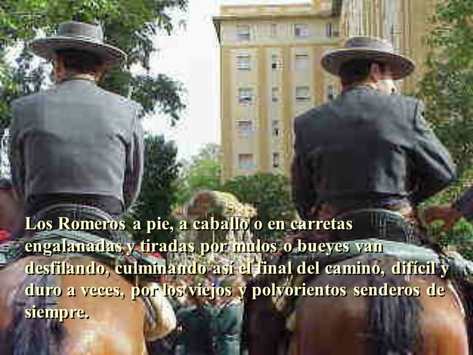 Los Romeros a pie, a caballo o en carretas engalanadas y tiradas por mulos o bueyes van desfilando, culminando así el final del camino, difícil y duro a veces, por los viejos y polvorientos senderos de siempre.