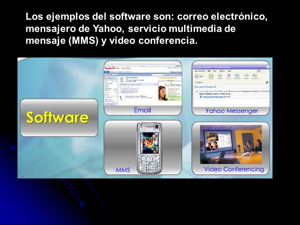 Los ejemplos del software son: correo electrónico, mensajero de Yahoo, servicio multimedia de mensaje (MMS) y video conferencia.