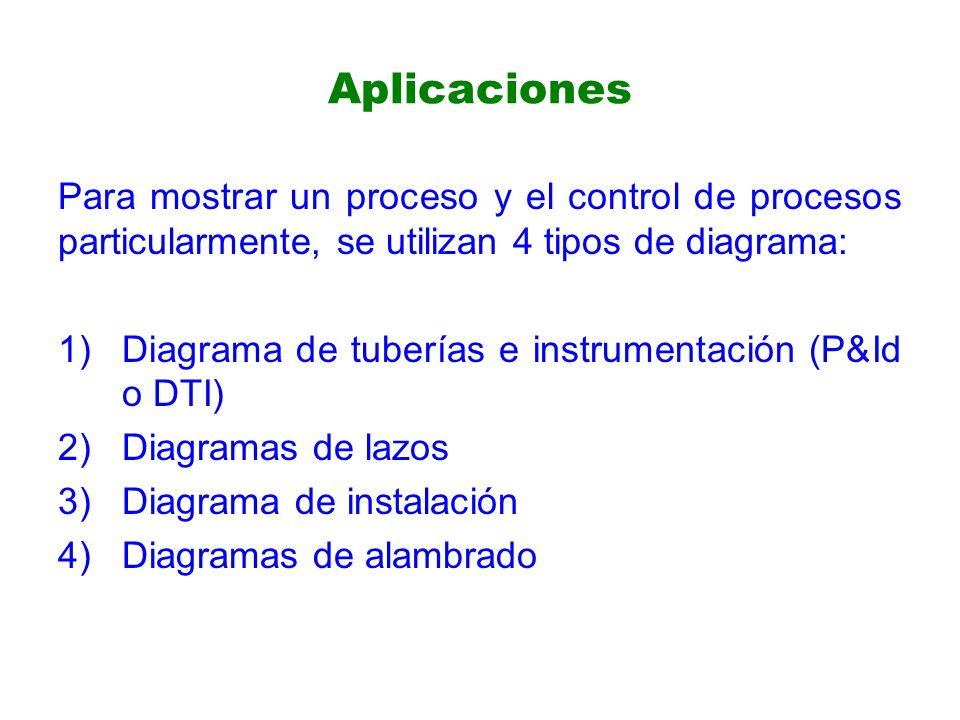 Aplicaciones Para mostrar un proceso y el control de procesos particularmente, se utilizan 4 tipos de diagrama: