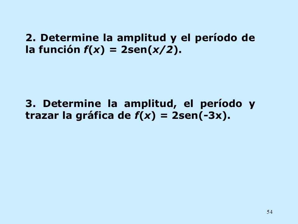 2. Determine la amplitud y el período de la función f(x) = 2sen(x/2).