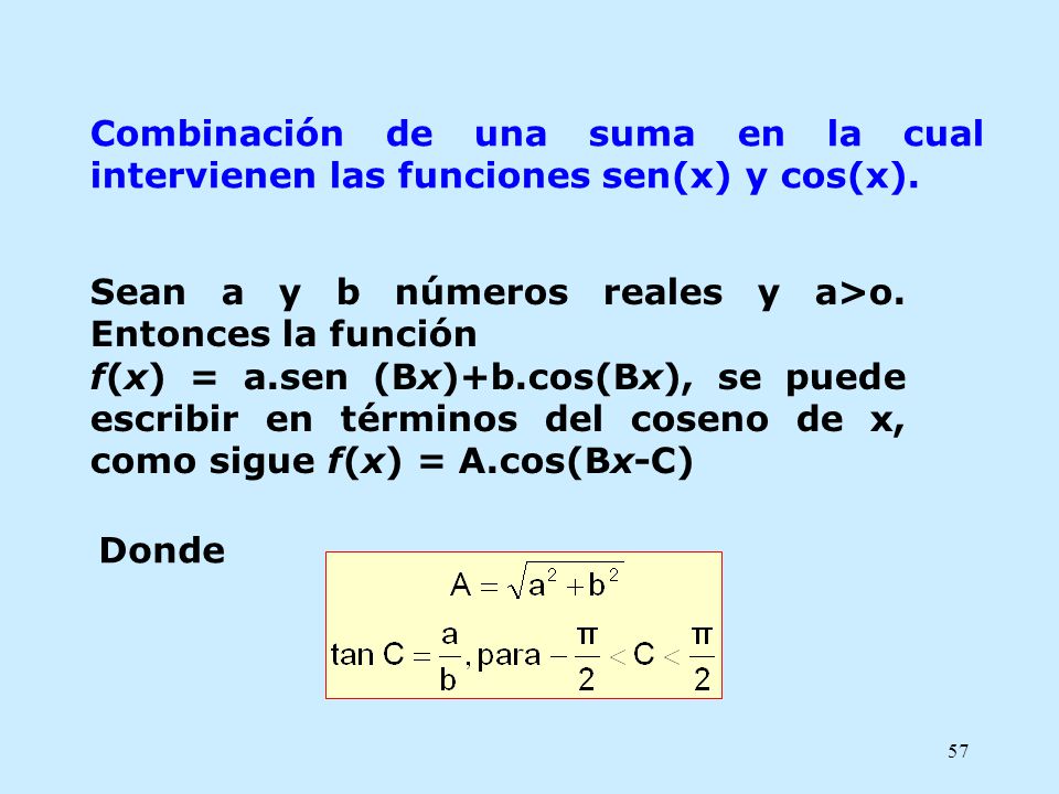 Combinación de una suma en la cual intervienen las funciones sen(x) y cos(x).