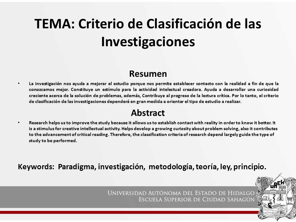 TEMA: Criterio de Clasificación de las Investigaciones