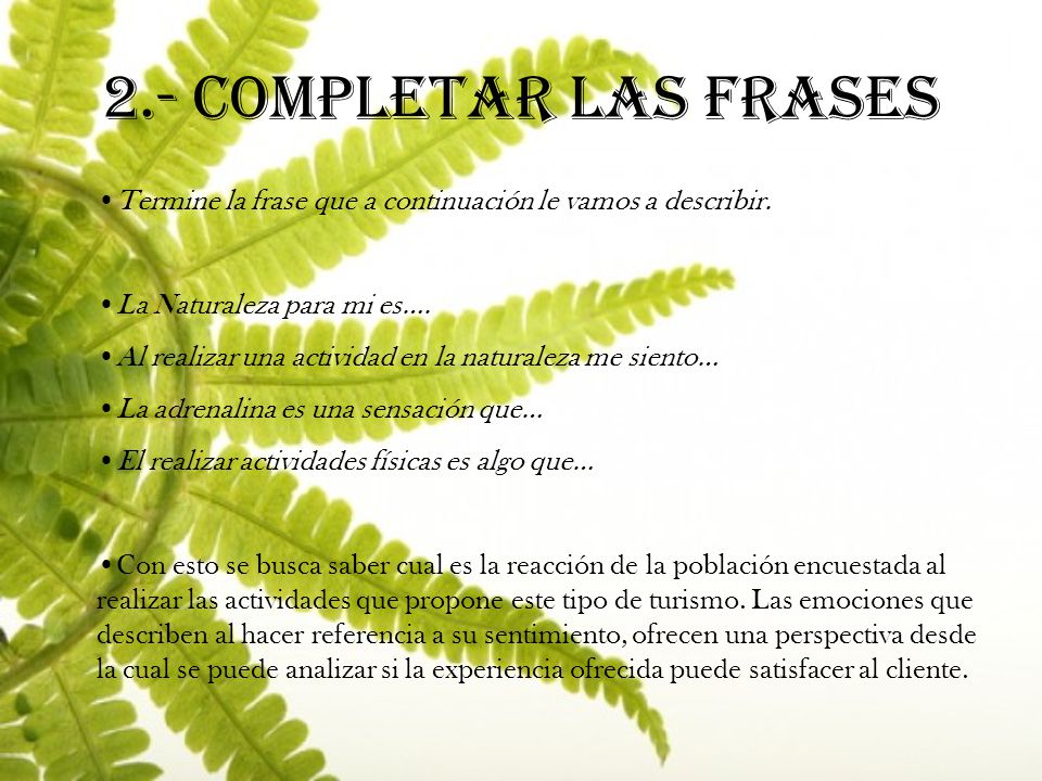 2.- COMPLETAR LAS FRASES Termine la frase que a continuación le vamos a describir. La Naturaleza para mi es….