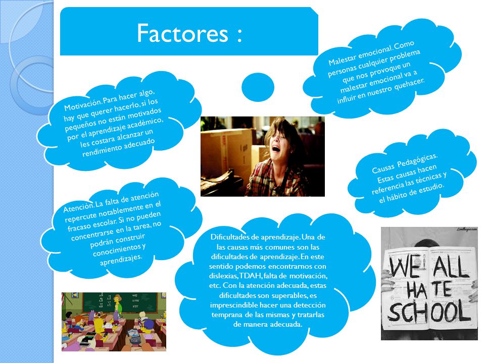 Factores : Malestar emocional. Como personas cualquier problema que nos provoque un malestar emocional va a influir en nuestro quehacer.