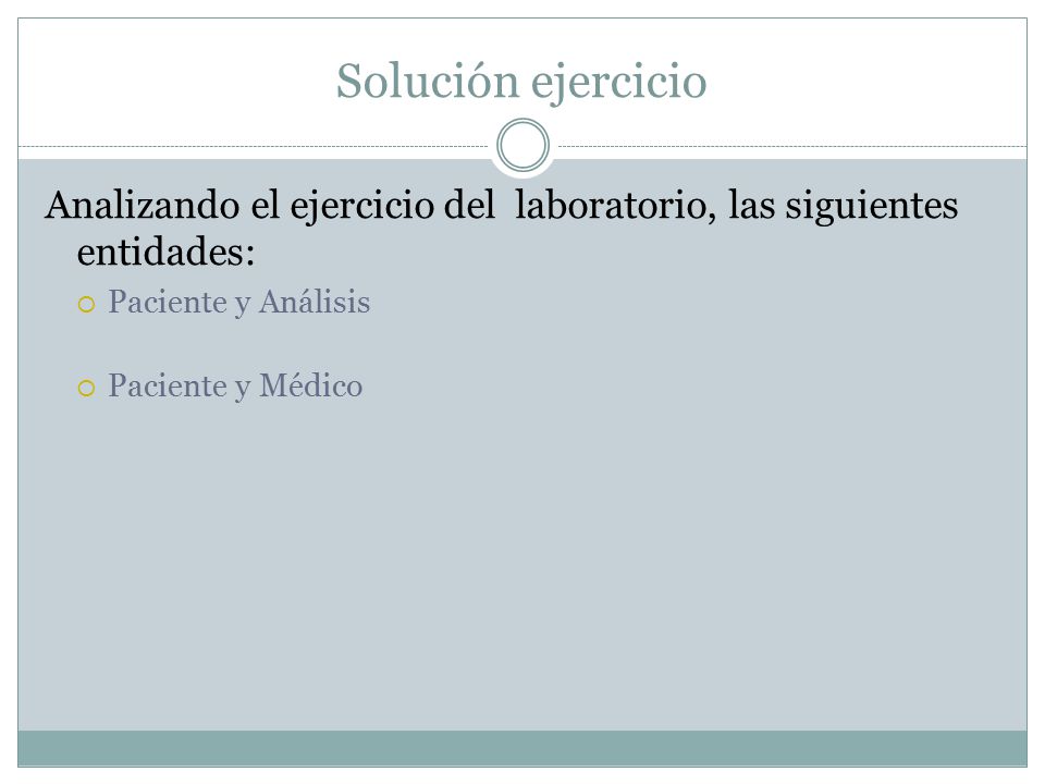 Solución ejercicio Analizando el ejercicio del laboratorio, las siguientes entidades: Paciente y Análisis.