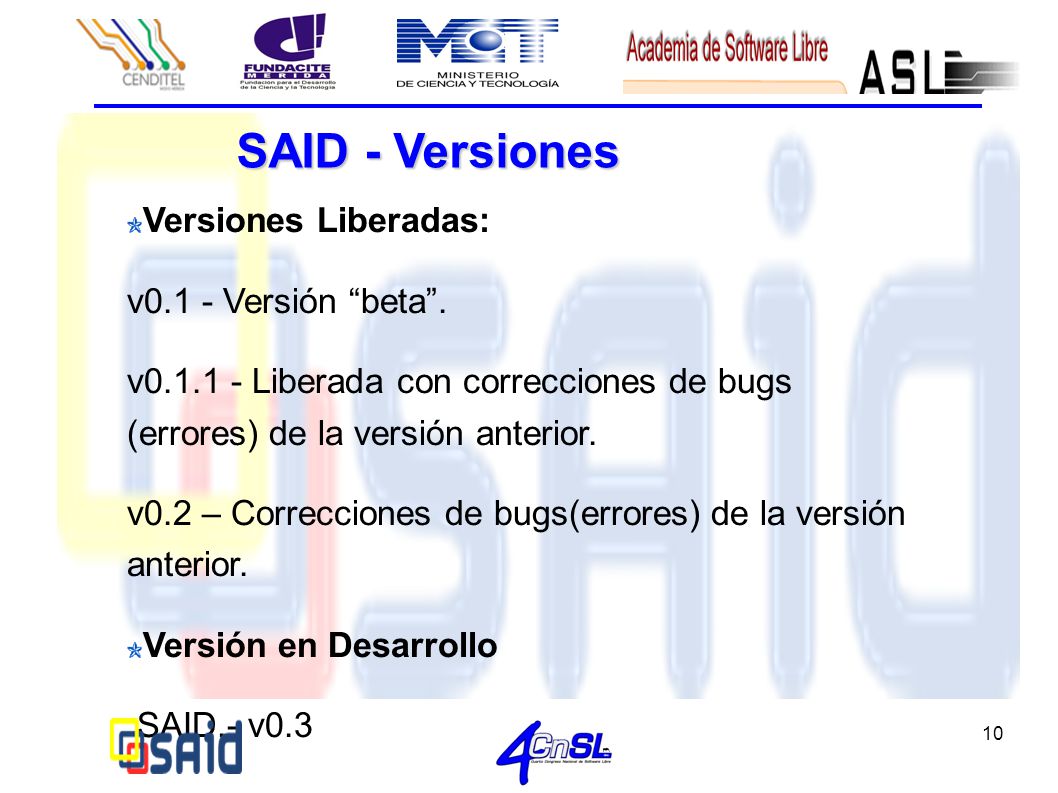SAID - Versiones Versiones Liberadas: v0.1 - Versión beta .