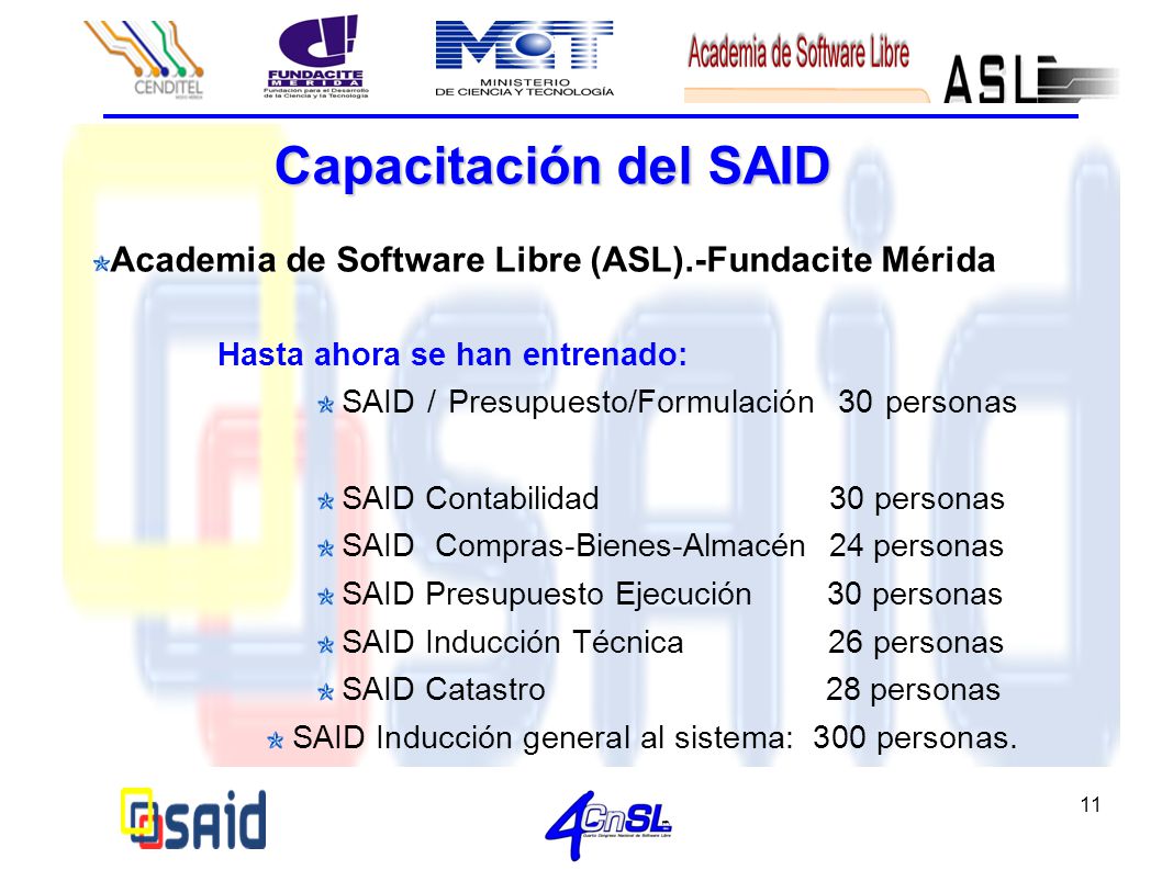 Capacitación del SAID Academia de Software Libre (ASL).-Fundacite Mérida. Hasta ahora se han entrenado:
