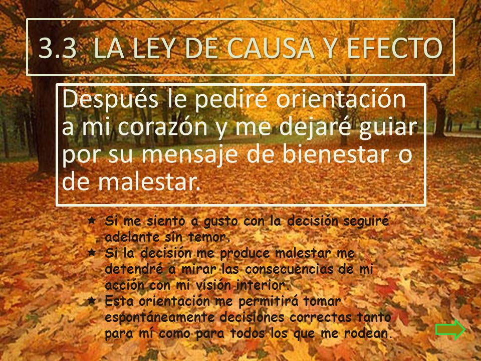 3.3 LA LEY DE CAUSA Y EFECTO Después le pediré orientación a mi corazón y me dejaré guiar por su mensaje de bienestar o de malestar.