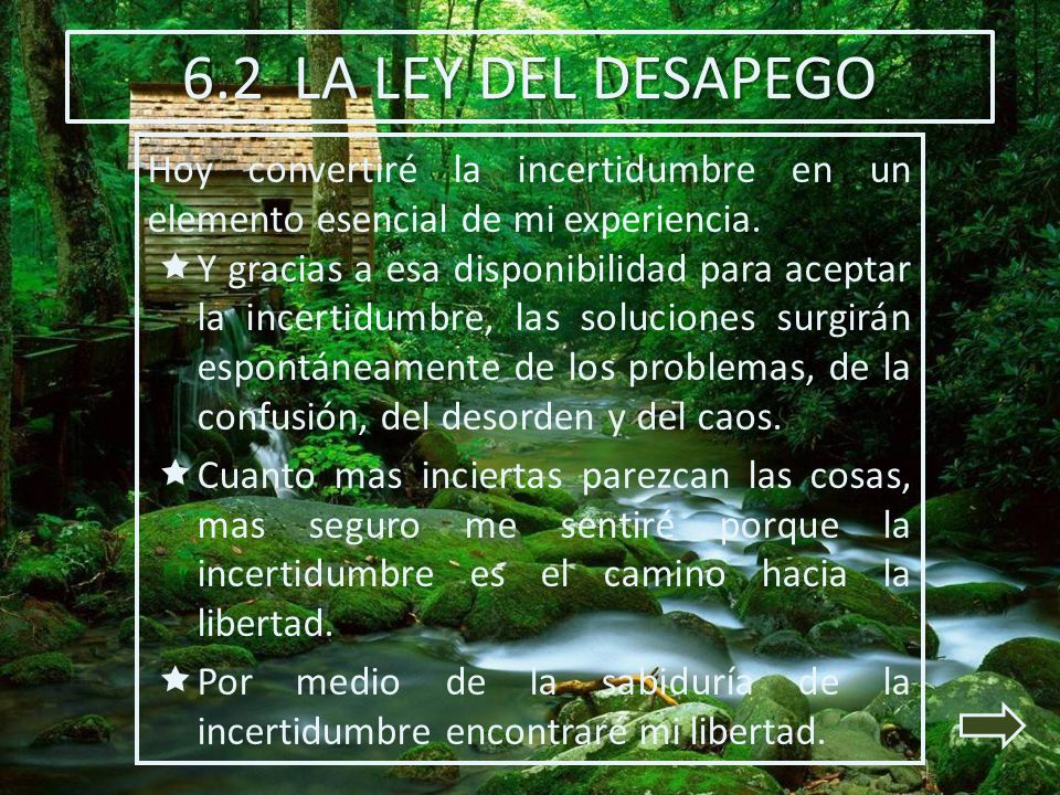 6.2 LA LEY DEL DESAPEGO Hoy convertiré la incertidumbre en un elemento esencial de mi experiencia.