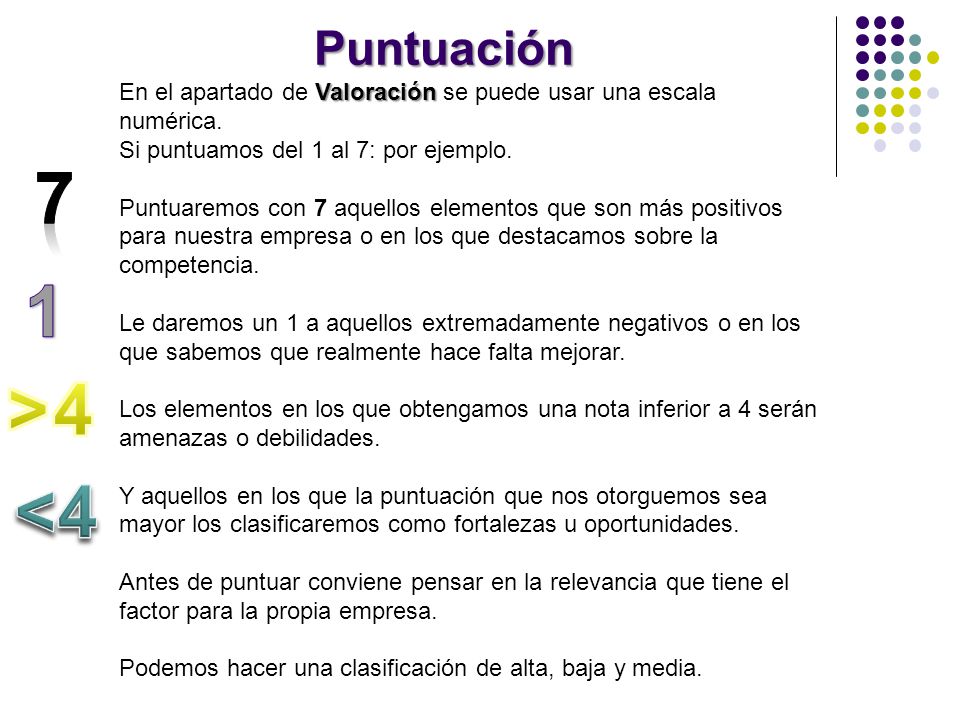 Puntuación En el apartado de Valoración se puede usar una escala numérica. Si puntuamos del 1 al 7: por ejemplo.