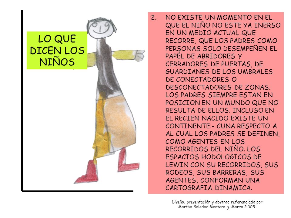 2. NO EXISTE UN MOMENTO EN EL QUE EL NIÑO NO ESTE YA INERSO EN UN MEDIO ACTUAL QUE RECORRE, QUE LOS PADRES COMO PERSONAS SOLO DESEMPEÑEN EL PAPÉL DE ABRIDORES Y CERRADORES DE PUERTAS, DE GUARDIANES DE LOS UMBRALES DE CONECTADORES O DESCONECTADORES DE ZONAS. LOS PADRES SIEMPRE ESTAN EN POSICION EN UN MUNDO QUE NO RESULTA DE ELLOS. INCLUSO EN EL RECIEN NACIDO EXISTE UN CONTINENTE.- CUNA RESPECTO A AL CUAL LOS PADRES SE DEFINEN, COMO AGENTES EN LOS RECORRIDOS DEL NIÑO. LOS ESPACIOS HODOLOGICOS DE LEWIN CON SU RECORRIDOS, SUS RODEOS, SUS BARRERAS, SUS AGENTES, CONFORMAN UNA CARTOGRAFIA DINAMICA.