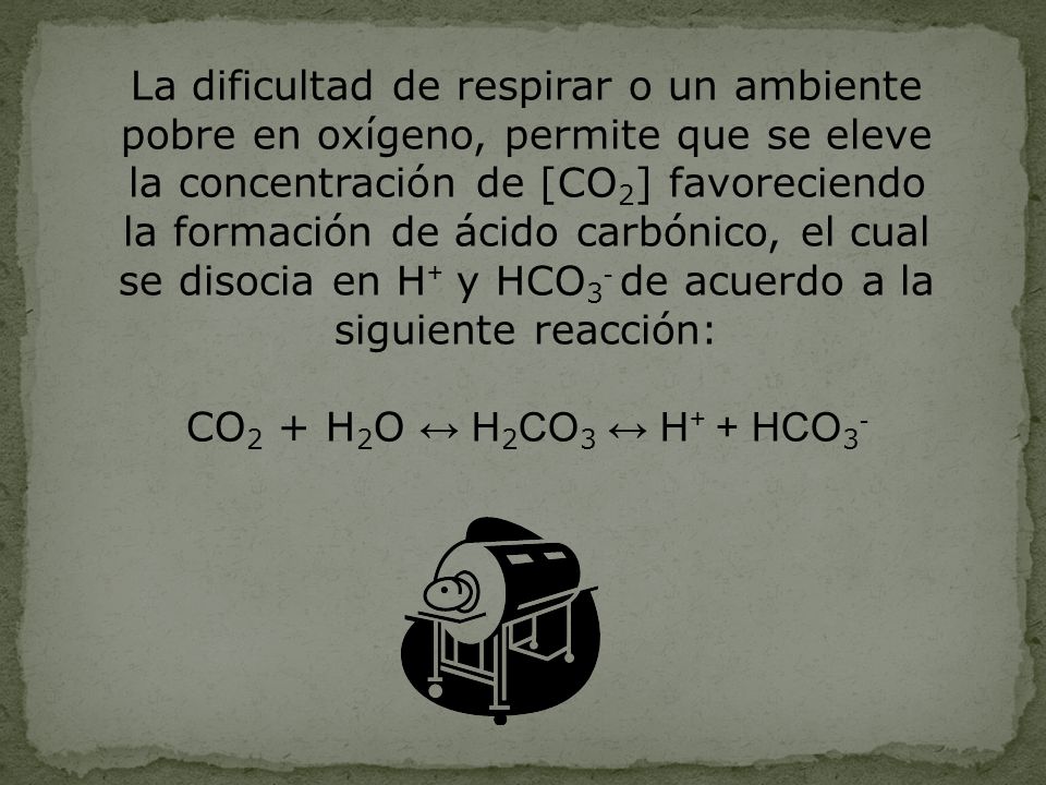 La dificultad de respirar o un ambiente pobre en oxígeno, permite que se eleve la concentración de [CO2] favoreciendo la formación de ácido carbónico, el cual se disocia en H+ y HCO3- de acuerdo a la siguiente reacción: