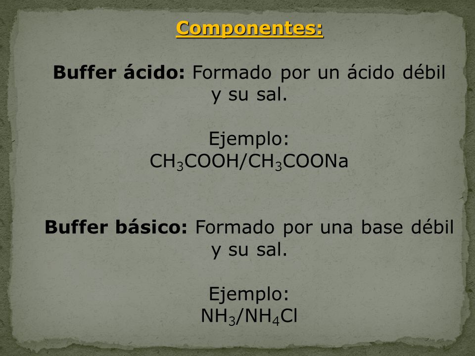 Buffer ácido: Formado por un ácido débil y su sal. Ejemplo: