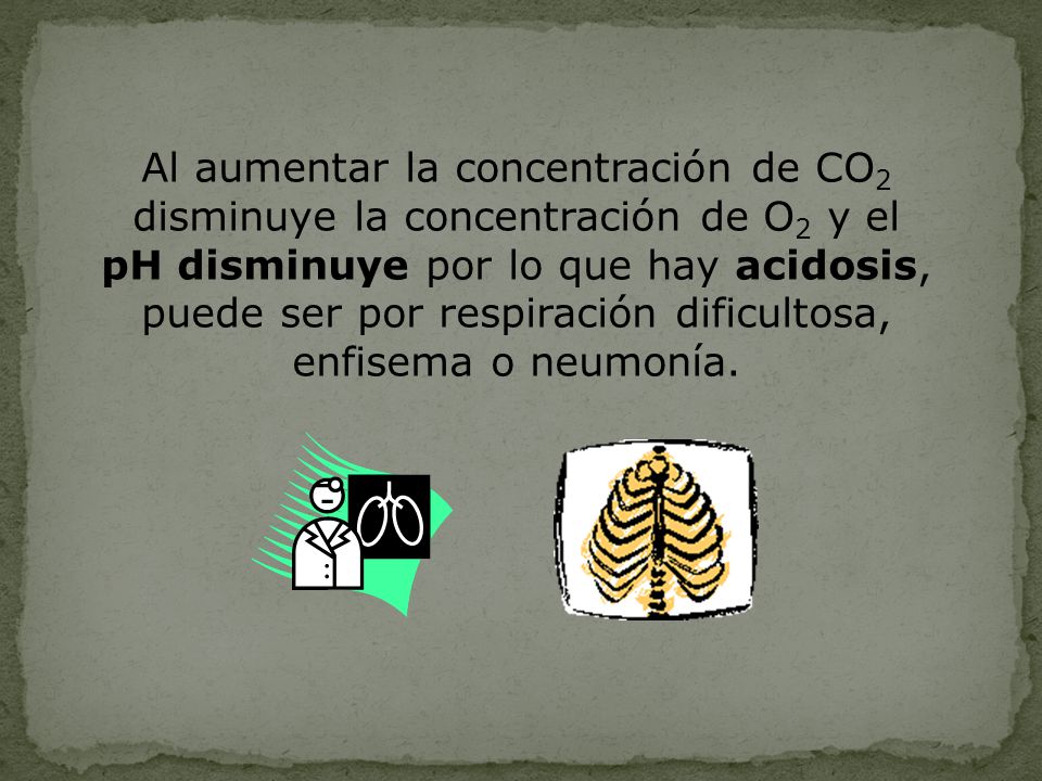 Al aumentar la concentración de CO2 disminuye la concentración de O2 y el pH disminuye por lo que hay acidosis, puede ser por respiración dificultosa, enfisema o neumonía.
