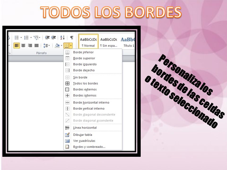 TODOS LOS BORDES Personaliza los bordes de las celdas o texto seleccionado