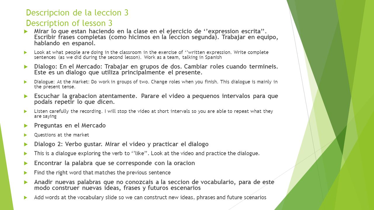 Descripcion de la leccion 3 Description of lesson 3