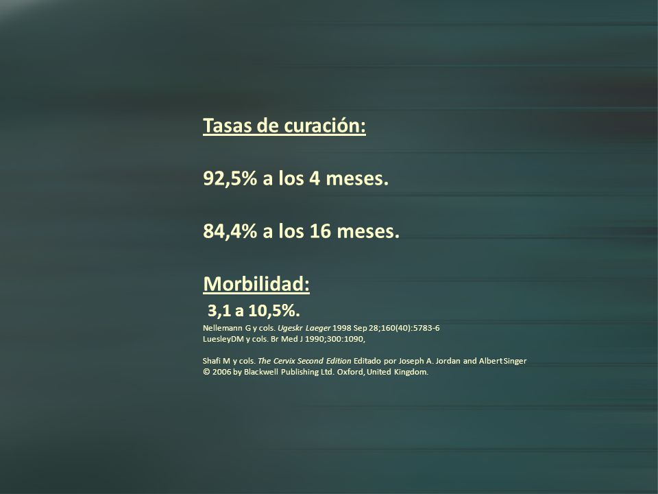 Tasas de curación: 92,5% a los 4 meses. 84,4% a los 16 meses.