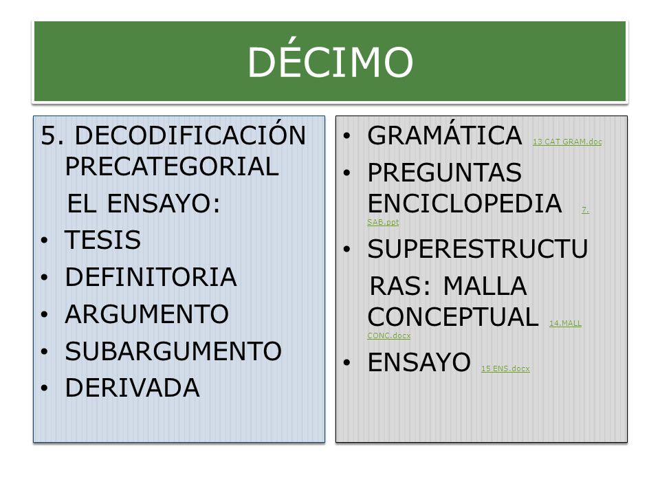 DÉCIMO 5. DECODIFICACIÓN PRECATEGORIAL EL ENSAYO: TESIS DEFINITORIA
