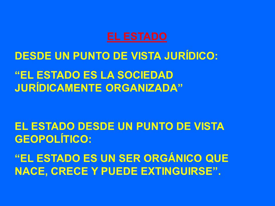 EL ESTADO DESDE UN PUNTO DE VISTA JURÍDICO: EL ESTADO ES LA SOCIEDAD JURÍDICAMENTE ORGANIZADA EL ESTADO DESDE UN PUNTO DE VISTA GEOPOLÍTICO: