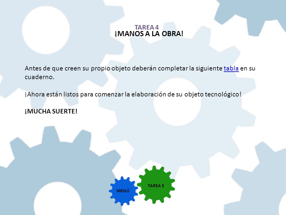 TAREA 4 ¡MANOS A LA OBRA! Antes de que creen su propio objeto deberán completar la siguiente tabla en su cuaderno.