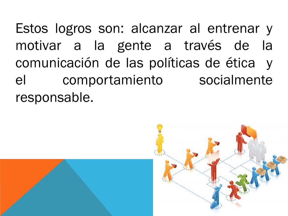 Estos logros son: alcanzar al entrenar y motivar a la gente a través de la comunicación de las políticas de ética y el comportamiento socialmente responsable.
