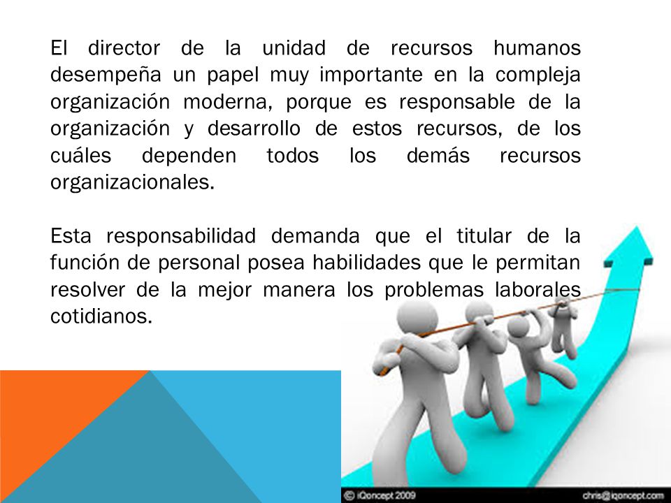 El director de la unidad de recursos humanos desempeña un papel muy importante en la compleja organización moderna, porque es responsable de la organización y desarrollo de estos recursos, de los cuáles dependen todos los demás recursos organizacionales.