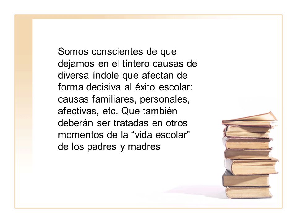 Somos conscientes de que dejamos en el tintero causas de diversa índole que afectan de forma decisiva al éxito escolar: causas familiares, personales, afectivas, etc.