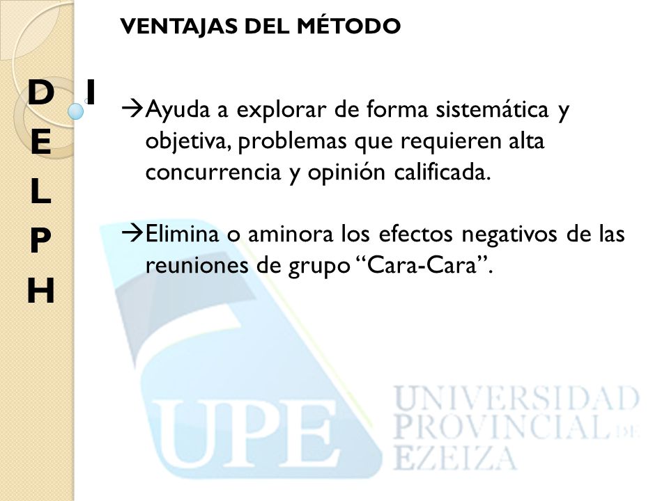 VENTAJAS DEL MÉTODO Ayuda a explorar de forma sistemática y objetiva, problemas que requieren alta concurrencia y opinión calificada.
