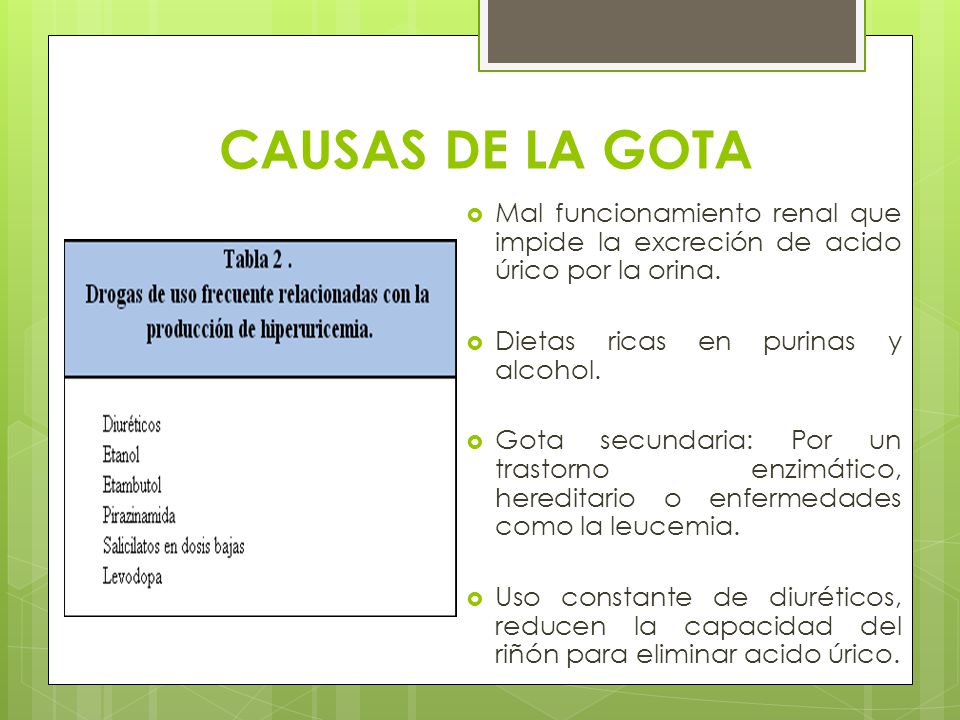 CAUSAS DE LA GOTA Mal funcionamiento renal que impide la excreción de acido úrico por la orina. Dietas ricas en purinas y alcohol.