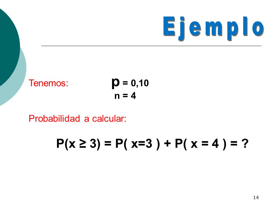 Ejemplo Tenemos: p = 0,10 n = 4 Probabilidad a calcular:
