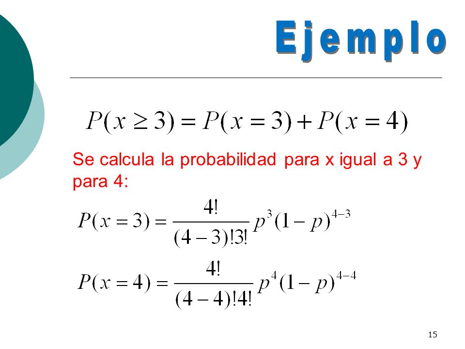 Ejemplo Se calcula la probabilidad para x igual a 3 y para 4: