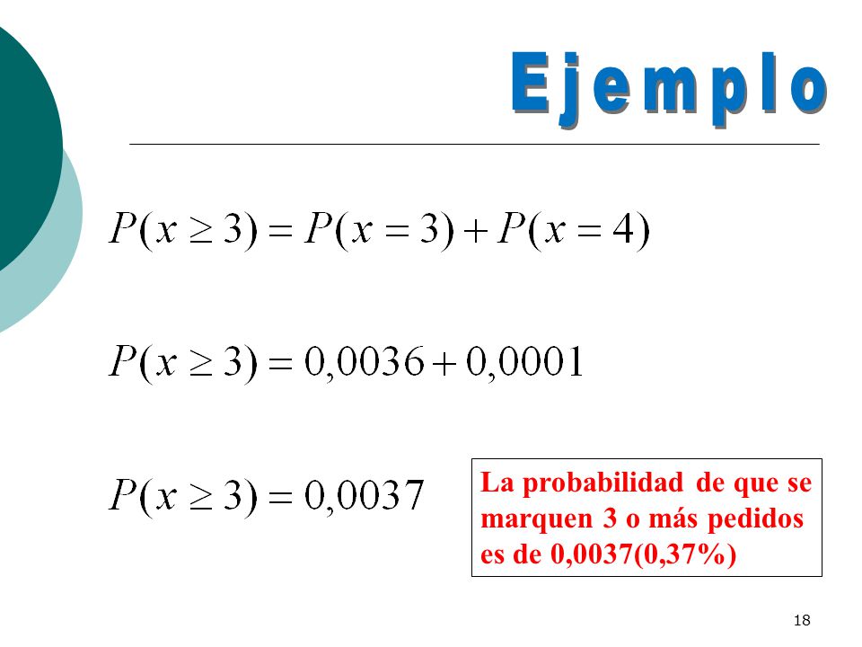Ejemplo La probabilidad de que se marquen 3 o más pedidos es de 0,0037(0,37%)