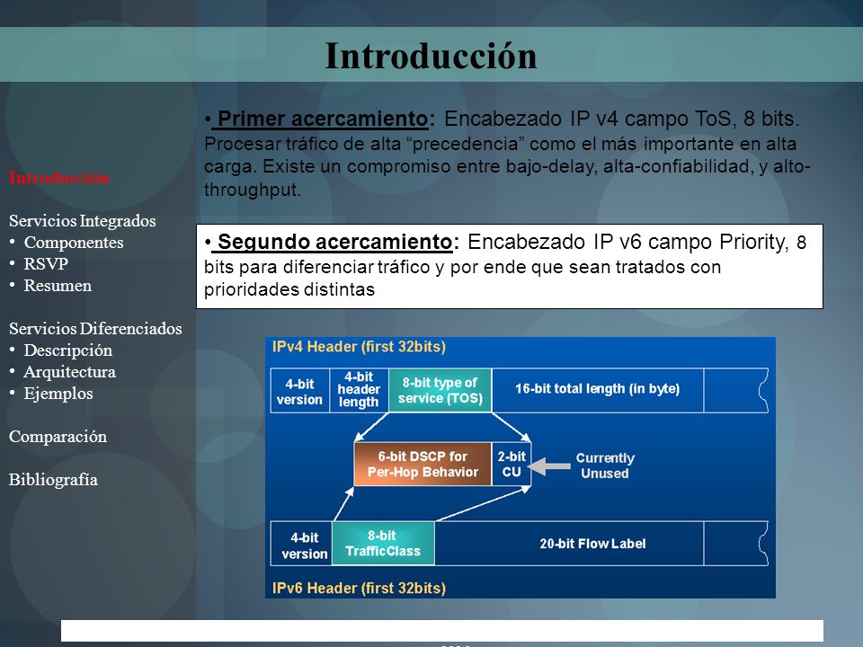 Introducción Primer acercamiento: Encabezado IP v4 campo ToS, 8 bits.