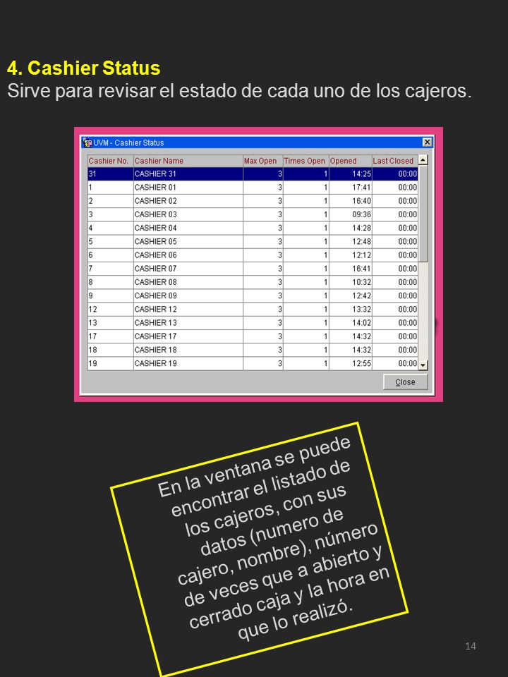 4. Cashier Status Sirve para revisar el estado de cada uno de los cajeros.