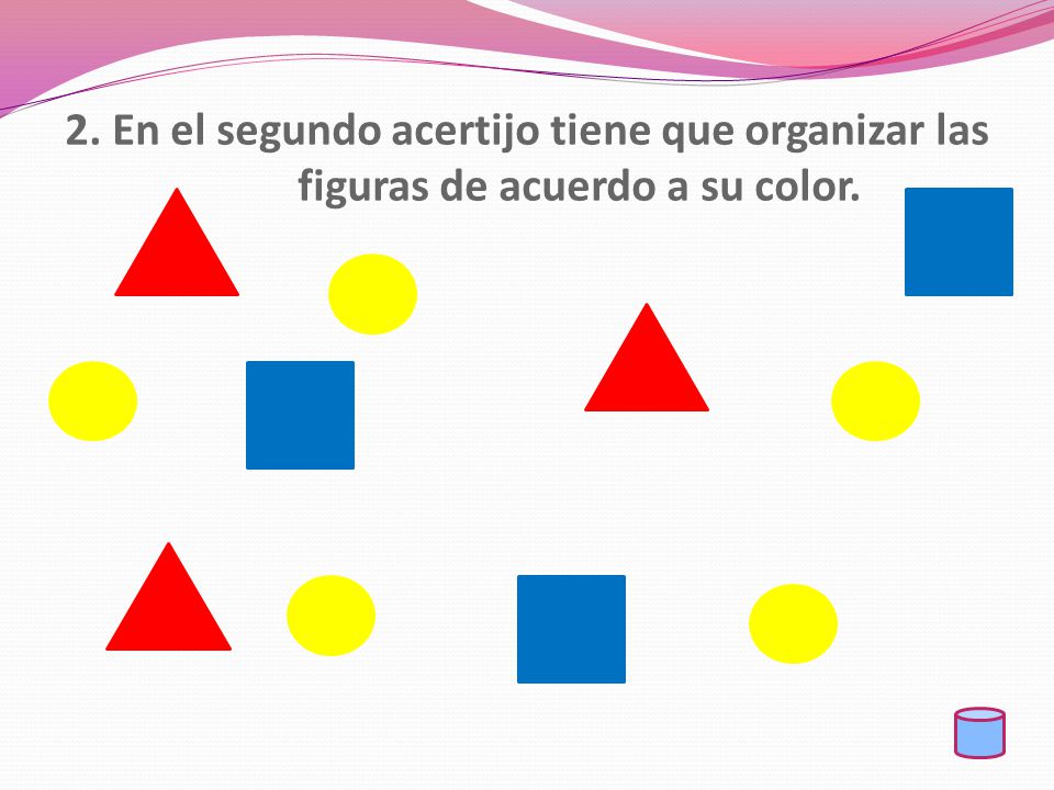 2. En el segundo acertijo tiene que organizar las figuras de acuerdo a su color.