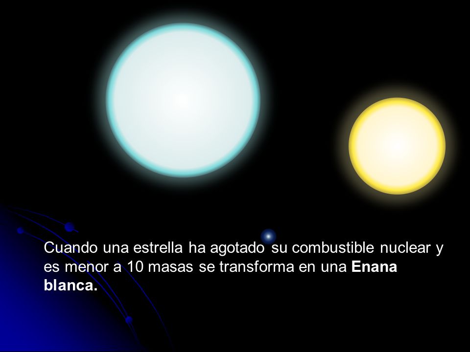 Cuando una estrella ha agotado su combustible nuclear y es menor a 10 masas se transforma en una Enana blanca.