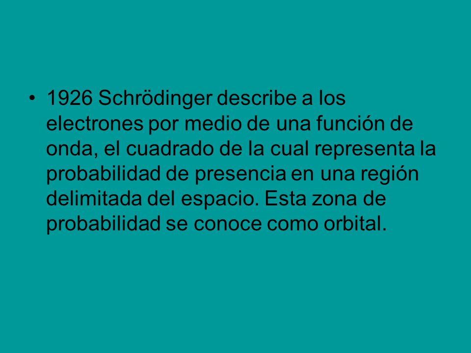 1926 Schrödinger describe a los electrones por medio de una función de onda, el cuadrado de la cual representa la probabilidad de presencia en una región delimitada del espacio.