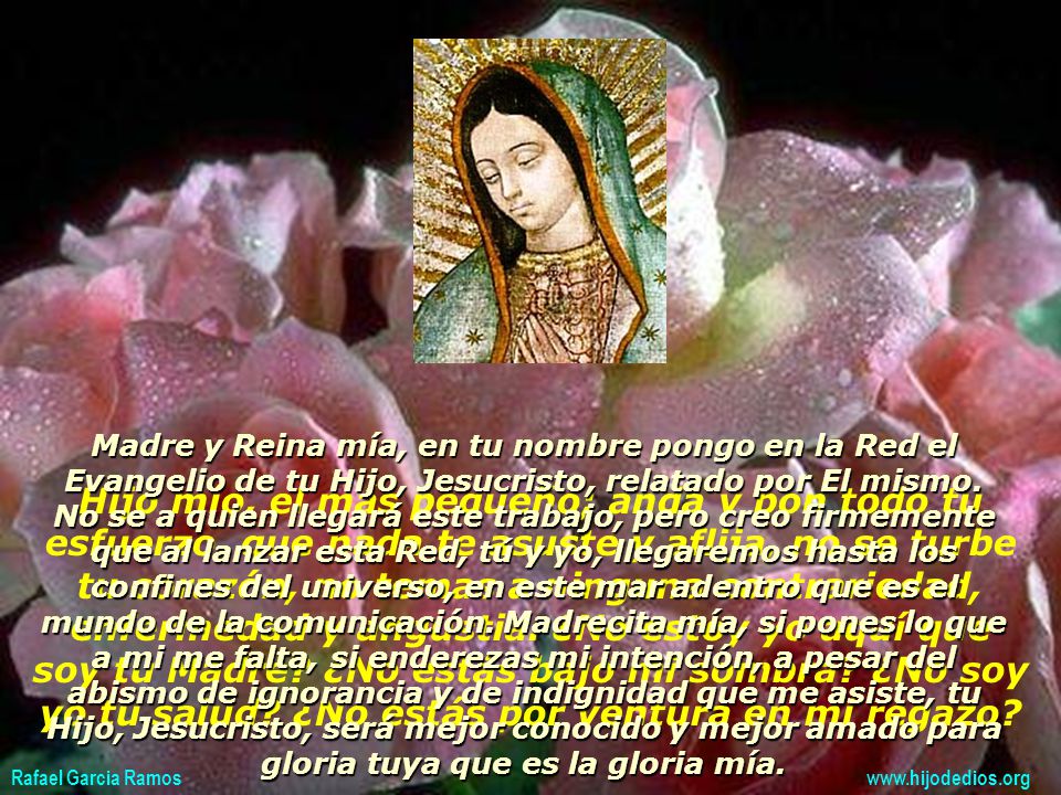 Madre y Reina mía, en tu nombre pongo en la Red el Evangelio de tu Hijo, Jesucristo, relatado por El mismo. No se a quien llegará este trabajo, pero creo firmemente que al lanzar esta Red, tú y yo, llegaremos hasta los confines del universo, en este mar adentro que es el mundo de la comunicación. Madrecita mía, si pones lo que a mi me falta, si enderezas mi intención, a pesar del abismo de ignorancia y de indignidad que me asiste, tu Hijo, Jesucristo, será mejor conocido y mejor amado para gloria tuya que es la gloria mía.