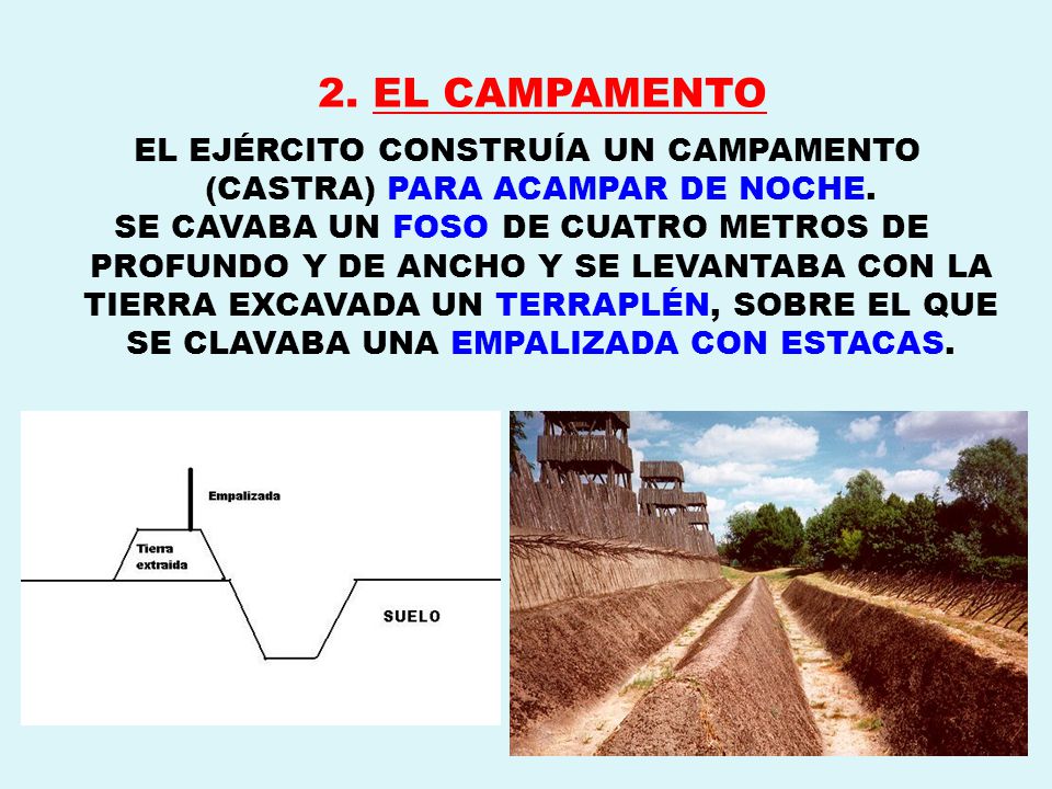 EL EJÉRCITO CONSTRUÍA UN CAMPAMENTO (CASTRA) PARA ACAMPAR DE NOCHE.