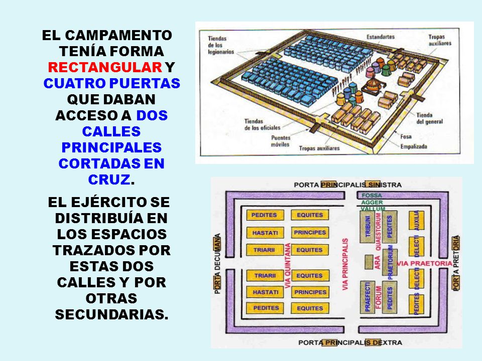EL CAMPAMENTO TENÍA FORMA RECTANGULAR Y CUATRO PUERTAS QUE DABAN ACCESO A DOS CALLES PRINCIPALES CORTADAS EN CRUZ.