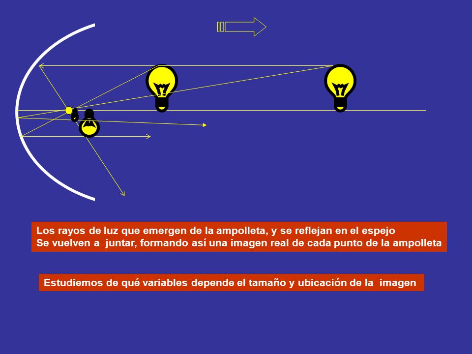 Los rayos de luz que emergen de la ampolleta, y se reflejan en el espejo