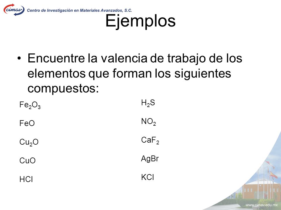 Ejemplos Encuentre la valencia de trabajo de los elementos que forman los siguientes compuestos: H2S.