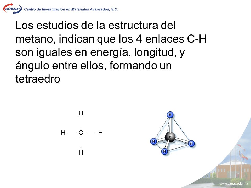 Los estudios de la estructura del metano, indican que los 4 enlaces C-H son iguales en energía, longitud, y ángulo entre ellos, formando un tetraedro