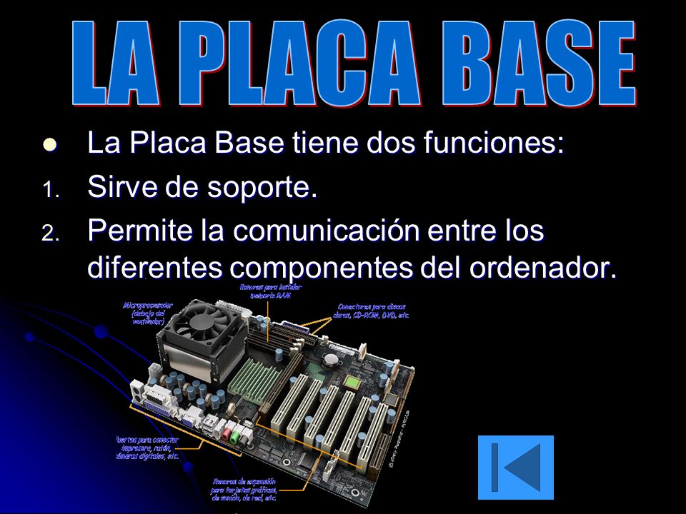 LA PLACA BASE La Placa Base tiene dos funciones: Sirve de soporte.
