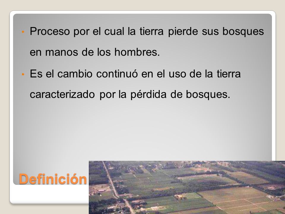 Proceso por el cual la tierra pierde sus bosques en manos de los hombres.