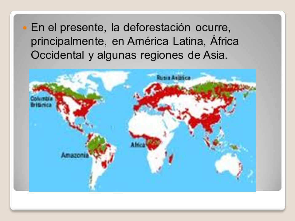 En el presente, la deforestación ocurre, principalmente, en América Latina, África Occidental y algunas regiones de Asia.