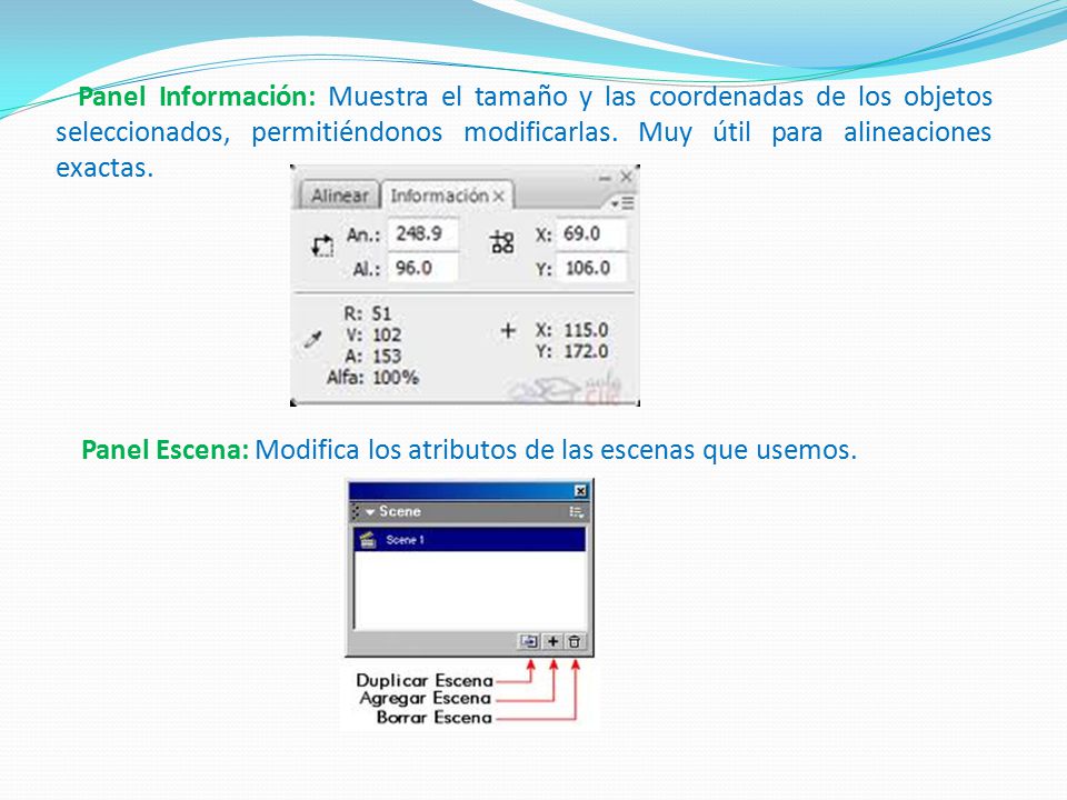 Panel Información: Muestra el tamaño y las coordenadas de los objetos seleccionados, permitiéndonos modificarlas. Muy útil para alineaciones exactas.